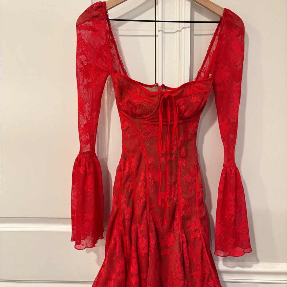 House of CB Red Lace Long Sleeve Mini Dress